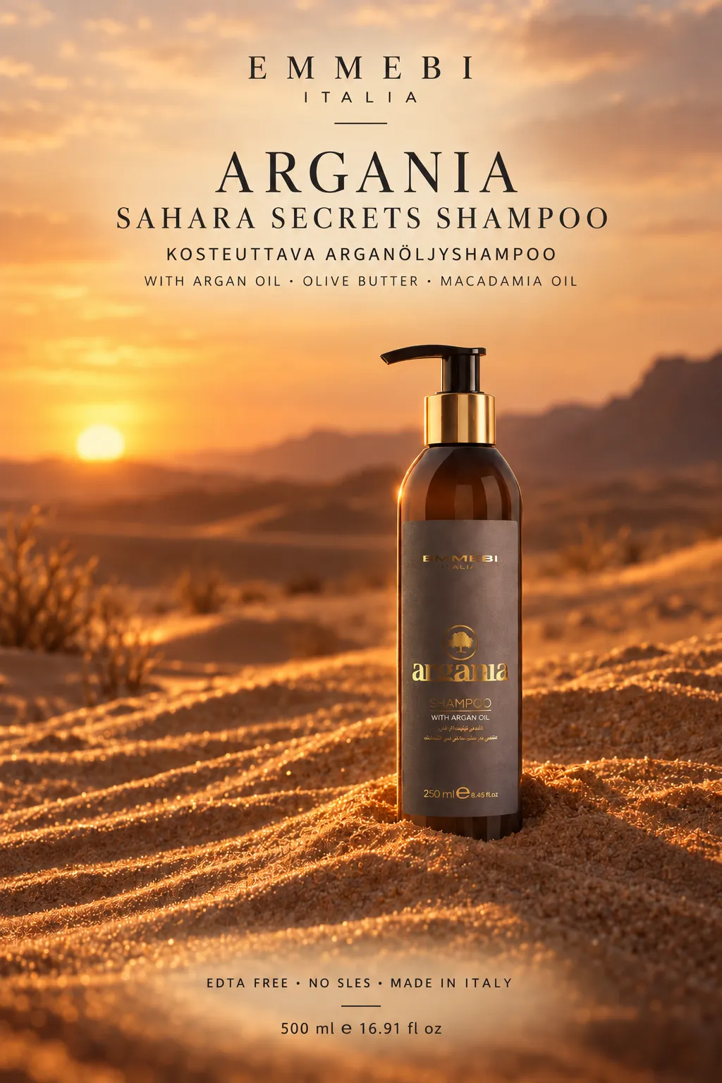 Emmebi Italia Argania Sahara Secrets Shampoo 500 ml — KOSTEUTTAVA ARGANÖLJYSHAMPOO