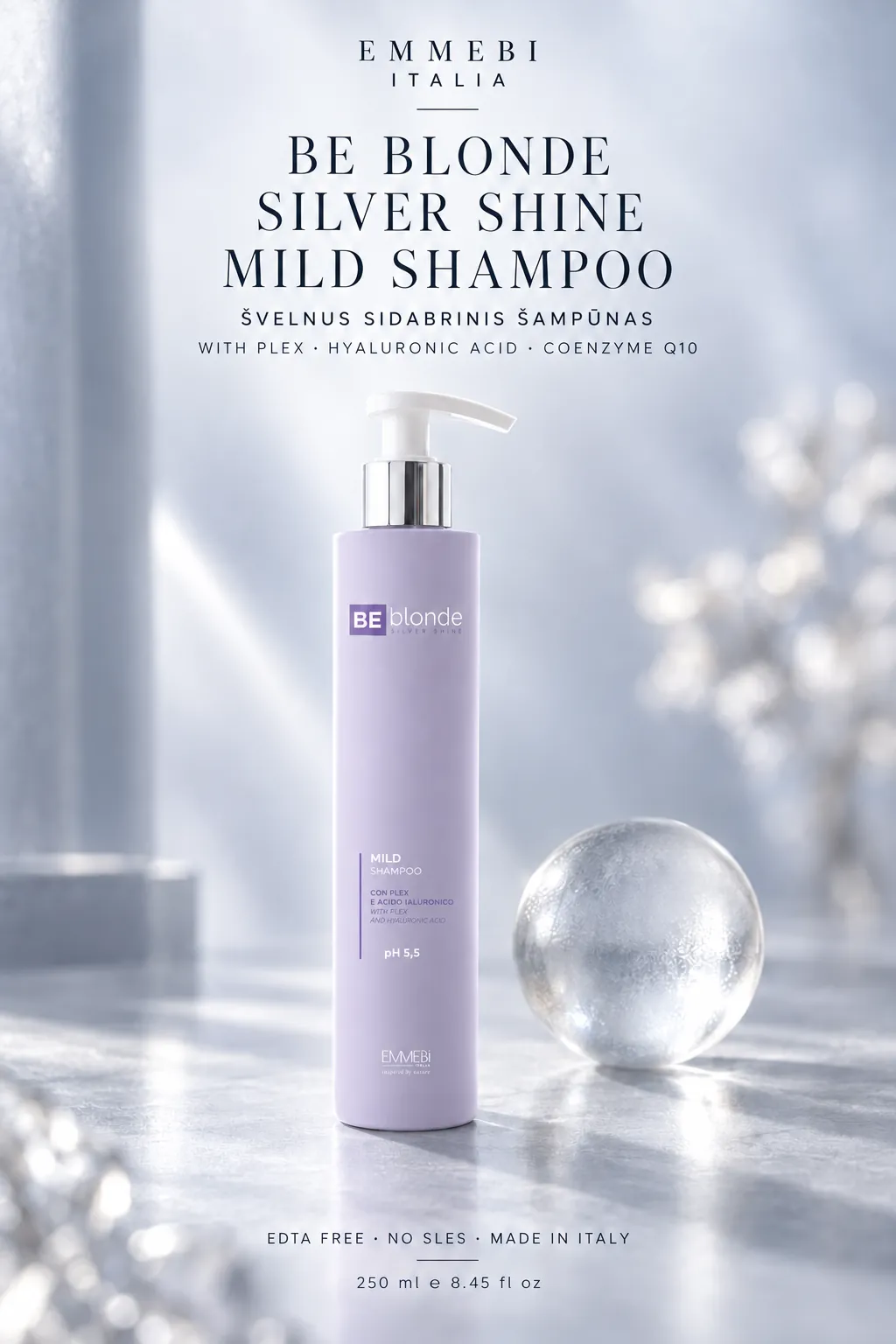 Emmebi Italia Be Blonde Silver Shine Mild Shampoo 250 ml — ŠVELNUS SIDABRINIS ŠAMPŪNAS