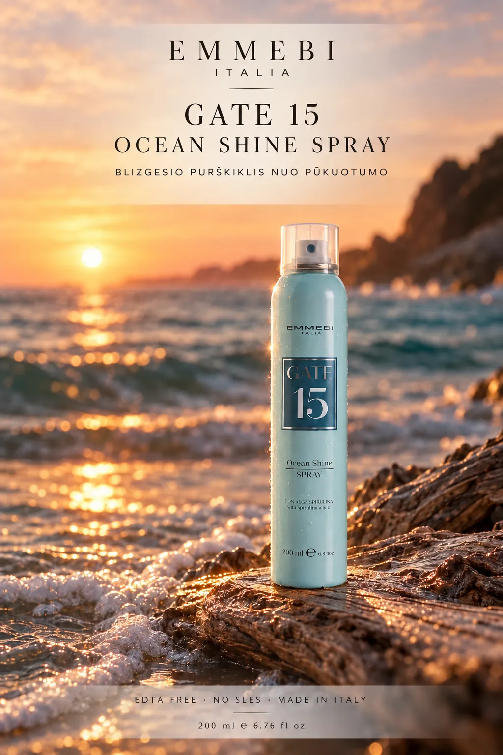 Emmebi Italia Gate 15 Ocean Shine Spray 200 ml — BLIZGESIO PURŠKIKLIS NUO PŪKUOTUMO