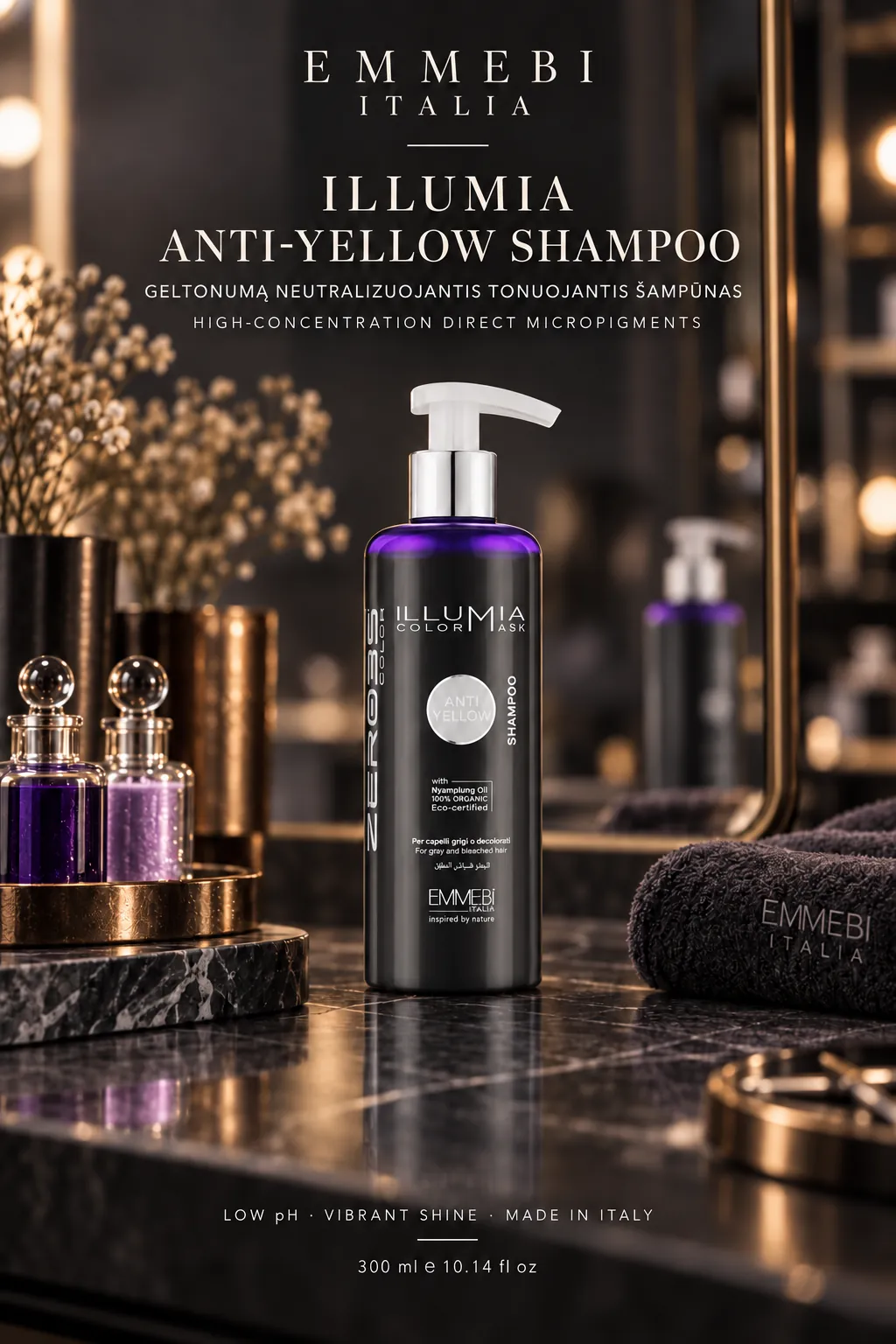 Emmebi Italia ILLUMIA ANTI-YELLOW SHAMPOO — GELTONUMĄ NEUTRALIZUOJANTIS TONUOJANTIS ŠAMPŪNAS